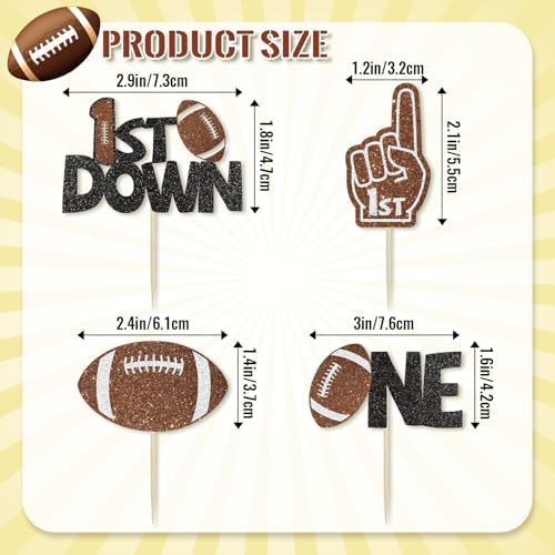 24Pcs Football 1st Birthday Cake Topper & Cupcake Toppers, Football Party Decorations for Baby Shower, First Down Them