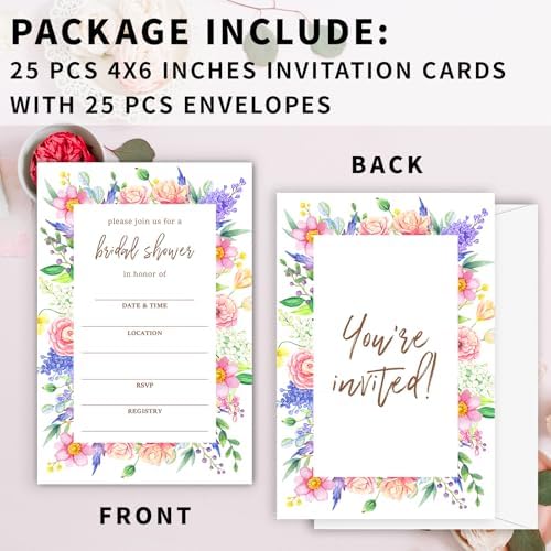 Boho Bridal Shower Invitations, Wildflowers Invites with Envelopes, 4x6 Set of 25 Invite Card for Wedding Shower, Newlyweds, Party Favor & Decorations-A05