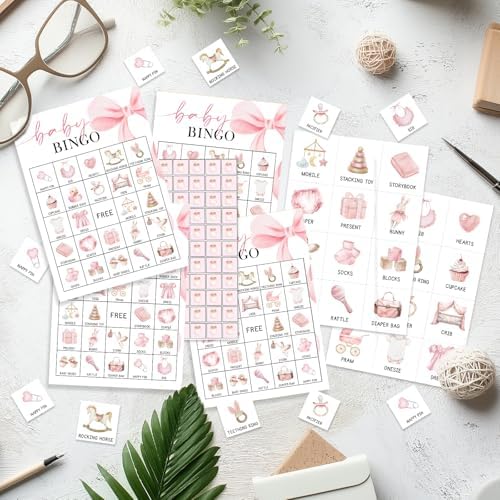 Pink Bow Baby Shower Bingo for 24 Players, Fun Gender Reveal Party Game