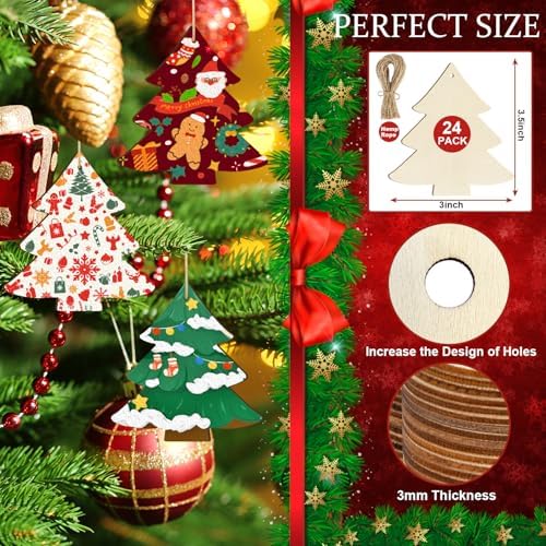 Wooden Christmas Tree Ornaments to Paint Christmas Thanksgiving Decoration Cutouts Unfinished 24PCS 3.5 x 3 inches, DIY Blank Unfinished Christmas Tree Wood Discs Ornament for Home Crafts Hanging