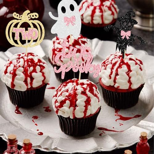 Gyufise 24 Pcs Halloween Spooky Cupcake Toppers - Pink Glitter Ghost, Pumpkin, Girl & More for Kids Birthday Party Supplies
