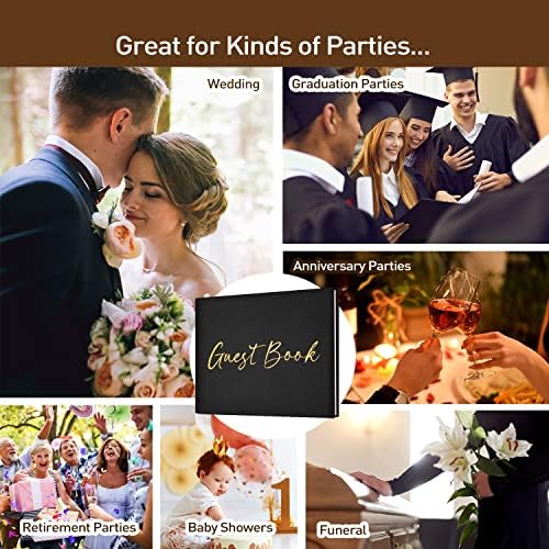 JUBTIC Black Guest Book for Graduation Party Guest Sign in Book with Pen for Reception, Wedding, Baby Shower, Birthday, Shower, Funeral, 100 Pages with Gilded Edges and Gold Foiled Cover -7×10″
