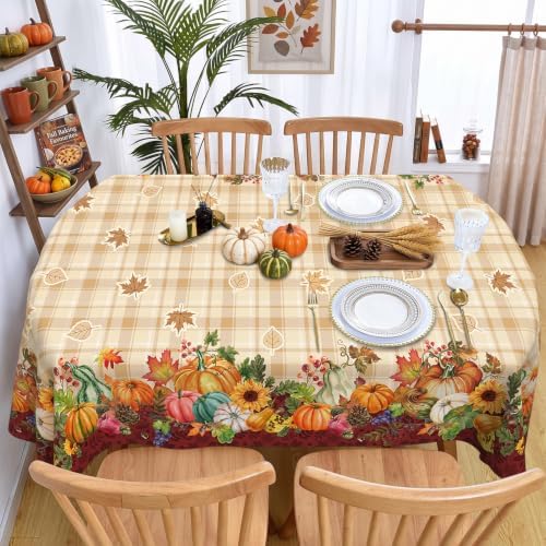 Fall Plaid Oval Tablecloth 60 x 120 Inch, Stain Resistant Washable Fabric Autumn Harvest Pumpkin Table Cloth Oval Fall Tablecloth Table Cover for Kitchen Dining Party