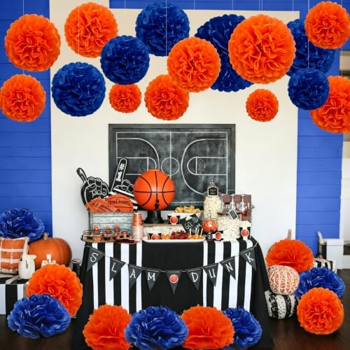 Recosis Blue Orange Party Decorations, 18 Pcs Paper Pom Poms Decorations