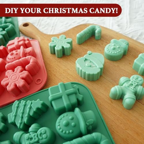 HKNMTT Christmas Silicone Chocolate Molds, 2 PCS Candy Baking Moulds, 3D Snowflake Cane Snowman Xmas Tree Gingerbread Man Santa Claus Gift Box Shape Mold for DIY Handmade Soap Candles Jello
