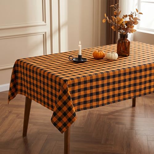 Halloween Gingham Tablecloth Waterproof, Fall Checkered Fabric Table Cover for Kitchen Dining, Black & Orange Plaid Table Cloth, Rectangle Table Cloth for Indoor Outdoor Use, W60 x L84 in