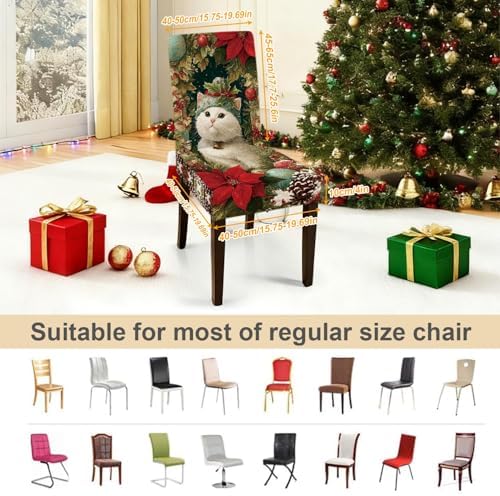 Christmas Chair Covers Set of 4, Cute Cat Dining Chair Slipcovers with Poinsettia, Pinecones, and Ornaments, Stretchable Holiday Chair Protectors