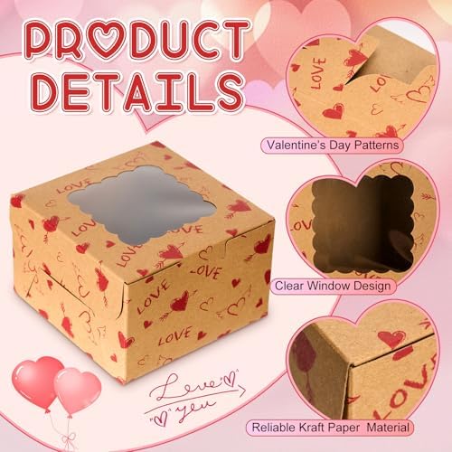 LemonRoad 24 Pcs Mother's Day Kraft Cookie Boxes with Window 4x4x2.5 Inches Heart Love Treat Boxes Cupcake Containers for Candy Pastries Doughnut Brownies Truffles Gift Wrap Wedding Party Supplies