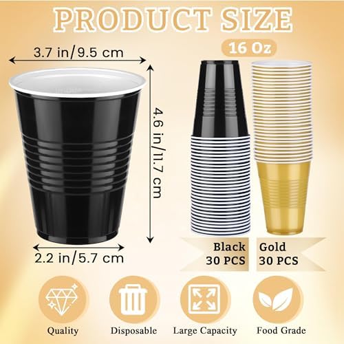 Kochorie 60 Pieces 16 oz Plastic Graduation Cups Black and Gold Disposable Party Cups Drinking Cup Bulk for Party Graduation Christmas Holiday Wedding Festive Celebrations