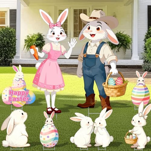 9 Pcs Large Easter Decorations Outdoor Yard Signs with Stakes 40x14 Inch Bunny and Egg Lawn Signs Happy Easter Welcome Yard Stakes for Garden Spring Hunt Games Party Supplies Props(Spring)