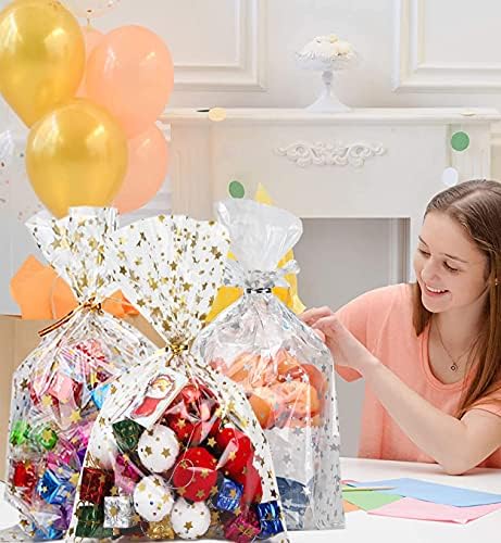 100 Pcs Star Printed 4"X 9" Gift Wrap Cello Cellophane Treat Bags Party Favor bags Clear Candy Cookie Bags Plastic Poly Goodie Storage Bags with Twist Ties for Bakery,Birthday, Wedding ,Party Decorations (Gold)