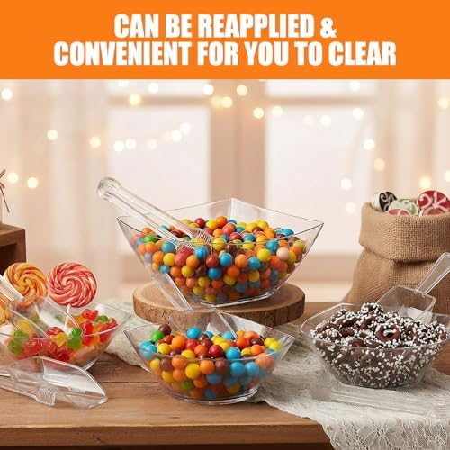 Vesici 48 Pcs 8 oz Clear Plastic Candy Bowls 24 Pcs with 12 Scoops and 12 Tongs Square Dessert Candy Bowl Buffet Containers Disposable Party Ice Cream Salad Dish for Serving Food Appetizers Supplies