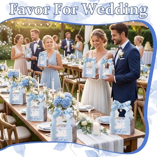 ForraFun 50 Sets Floral Wedding Favor Boxes with Pearl Pendant Bow, Blue