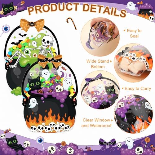 Fuutreo 24 Pcs Halloween Treat Bags with Handles, Skeleton Plastic, Clear