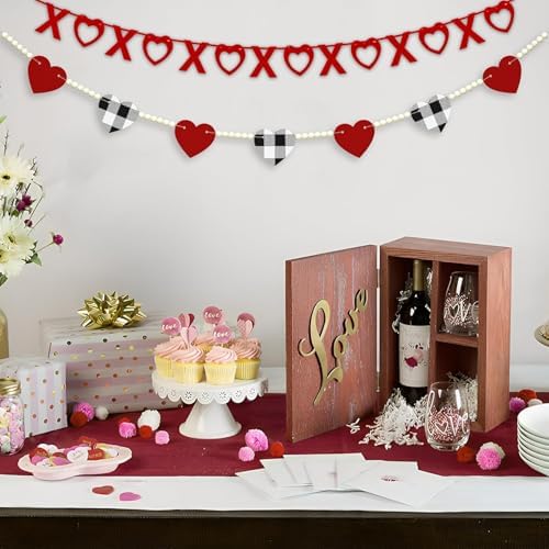 Valentine's Decoration, Red Black White Buffalo Plaid Heart Felt Wooden Bead Garland for Tiered Tray Hanging XOXO Felt Banner for Home Farmhouse Office Wall Fireplace Mantel Shelf Wedding Decor, 4.6Ft