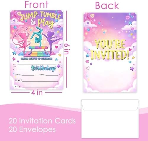 Gymnastics Birthday Invitation Girl, Pink Purple Gymnastics Double-Sided Fill In Style Invites with Envelopes for Birthday, Jump Party Invitation For Girls, Teens, Bday Party Favor & Decoration