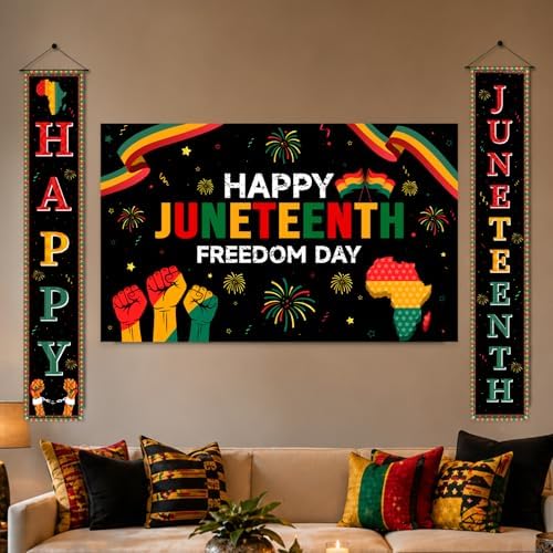 3Pcs Juneteenth Decoration Outdoor Happy Juneteenth Banner, June 19th Independence Day Freedom Day Backdrop, African Afro American Festival Celebration Supplies