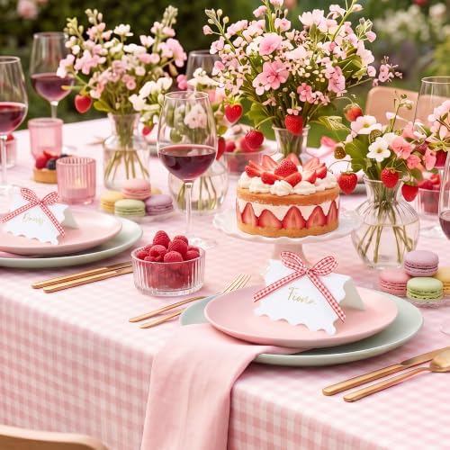 UNIQOOO 50Sets Place Cards for Table Setting - Gingham Red White Pre-tied Bow Table Place Cards, Name Cards for Wedding, Christmas Dinner Party Events, 4x3.5 In