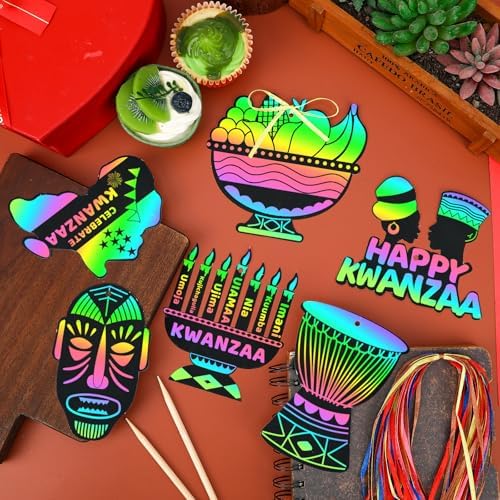 JULMELON 36 PCS Kwanzaa Crafts for Kids Holiday Magic Rainbow Scratch Cards