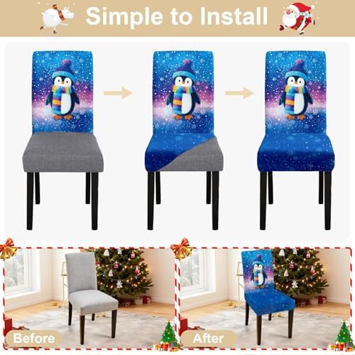 Penguin Chair Covers Set of 4, Stretchable Winter Themed Dining Chair Slipcovers with Snowflakes for Christmas Holiday Decor