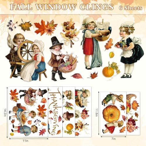 Whaline 6 Sheet Vintage Thanksgiving Window Clings Retro Fall Farmhouse Reusable Window Decals for Autumn Thanksgiving Home School Office Party Supplies Gifts