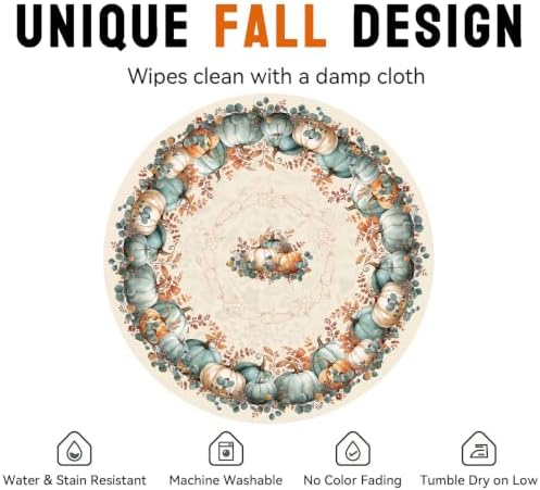 Fall Round Tablecloth 60 Inch, Stain Resistant Washable Fabric Autumn Pumpkin Table Cloth Round Fall Tablecloth Table Cover for Kitchen Dining Party