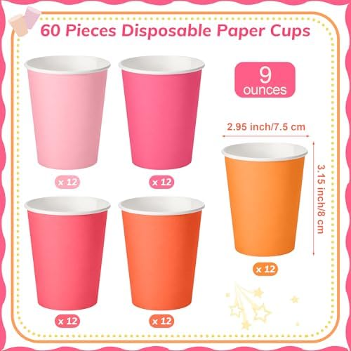 URATOT 60 Pieces 9 Ounce Disposable Paper Cups Pink Orange Party Cups Drinking Cups for Party, DIY, and Holiday, 5 Colors