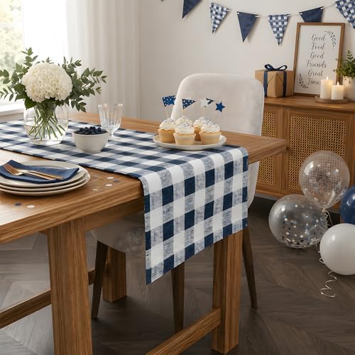Gingham Table Runner - Blue and White Checkered Table Runner for Baby Shower, Birthday Party, Wedding Decorations | Farmhouse Kitchen Dining Table Decor Party Supplies for Home Indoor Outdoor