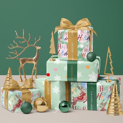 WRAPAHOLIC Christmas Wrapping Paper Roll - Mini Roll - 3 Rolls - 17 Inch X 120 Inch Per Roll - Happy Holiday Lettering with Christmas Ball and Elk, Snowflakes Holiday Collection