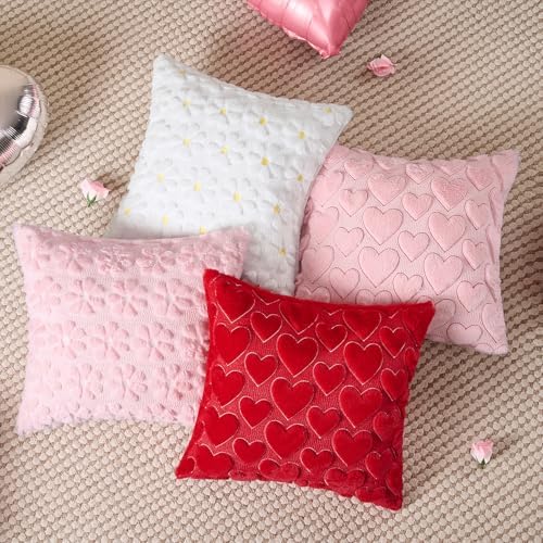 Softalker Pink Heart Pillow Covers 20 x 20 Inch Set of 2, Spring Summer Soft Faux Fur Cushion Covers, 3D Embroidered Pillow Cases for Sofa, Couch, Bedroom