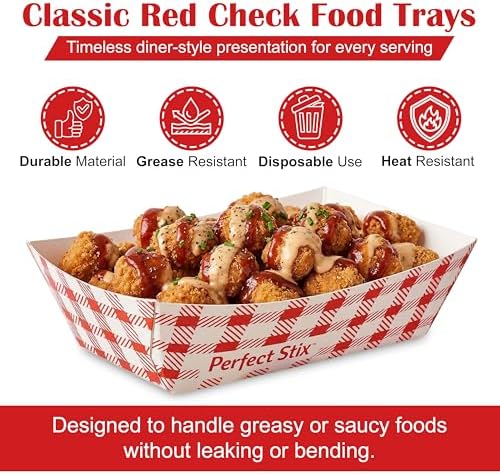 Perfect Stix- 2 lb Checkered Paper Food Trays – Pack of 50 – Disposable Red Check Food Boats for Fries, Burgers, Hot Dogs & Concession Snacks – Grease Resistant Food Service Tray