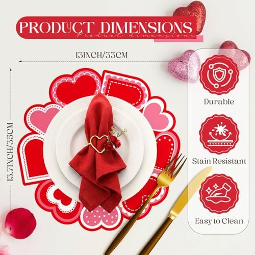 50 Pcs Valentines Round Red Heart Place Mats Pink Disposable Paper Table Mats Bulk Seasonal Valentine Decor for Valentines Anniversary Marriage Proposals Home Party Dining, 12.9 Inch