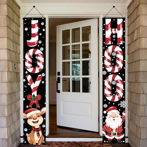 2PCS Christmas Porch Banner Decorations 71 x 12 Inch JOY HOHO Candy Cane Hanging Sign Santa Claus and Reindeer Outdoor Front Door Holiday Banner for Winter Yard Party Wall Decor
