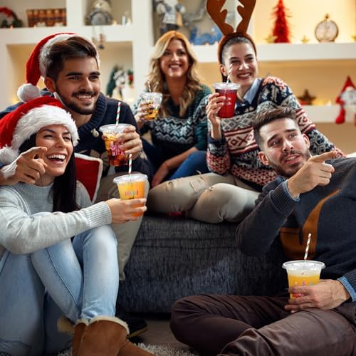 Jingmore 50 Sets Christmas Disposable Plastic Cups with Lids and Straws