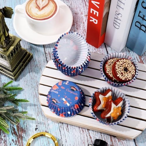 Whaline 300 Pcs Graduation Cupcake Liners Paper Baking Cups Orange Blue Congrats Graduation Cap Muffin Holders Wrappers for College High School Grad Party Decor Supplies, 2 x 1.2 Inch