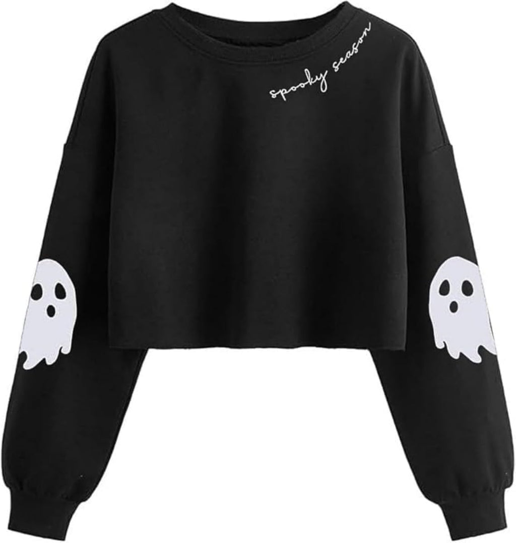 Women Fall Halloween Ghost Crop Sweatshirt Lantern Sleeve Pullover