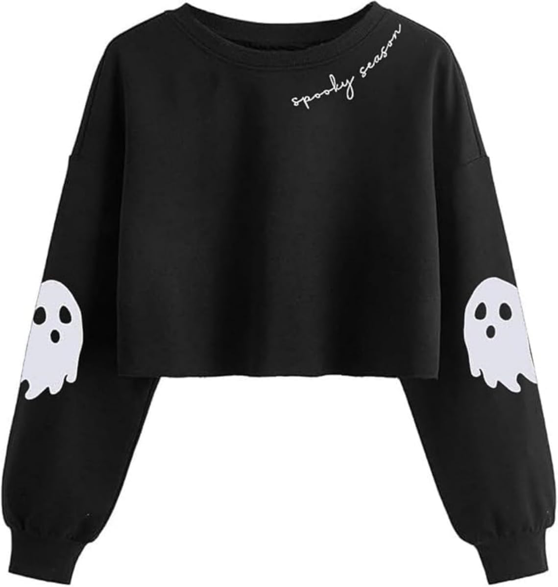Women Fall Halloween Ghost Crop Sweatshirt Lantern Sleeve Pullover