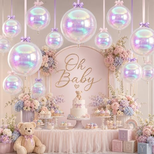 12Pcs Iridescent Round Foil Balloons, 4D Holographic Clear Ball Balloons