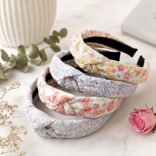 Huachi Headbands for Women Trendy Styles: Boho Knotted Headbands Floral Print, Cute Top Knot Head Bands for Girls for Summer Vacation Gifts 4PCS