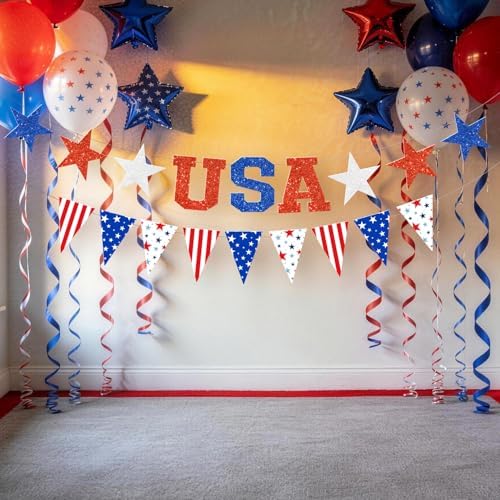 LARRAZABAL 4th of July Banner Decorations, USA Triangle Banner for Memorial Day 4th of July Independence Patriotic Party Supplies