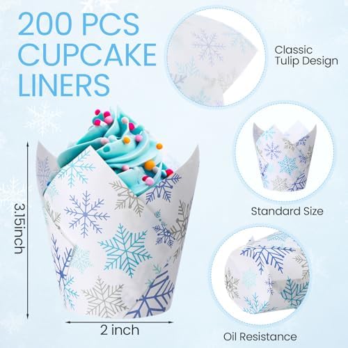 Maxdot 200 Pcs Winter Snowflake Tulip Cupcake Liners for Baking Blue Silver Snowflake Paper Muffin Baking Cups Christmas Tulip Muffin Liners Wrappers for Xmas Winter Birthday Party Supplies