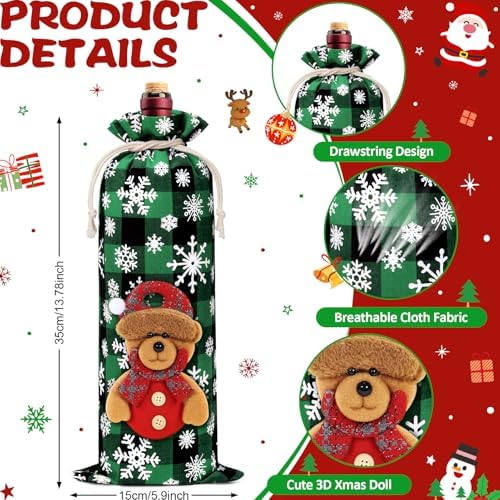 8Pcs Christmas Wine Gift Bags, Buffalo Plaid Drawstring Wine Bottle Covers