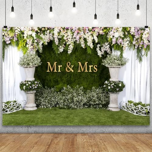 YongFoto Mr and Mrs Wedding Party Backdrop 15x10ft Floral Grass Wall White Sheer Curtain Flower Arch Photography Background Lover Marriage Proposal Bridal Shower Reception Photo Booth Props Banner