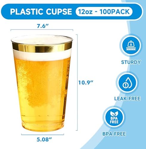 RACETOP 12 oz Disposable Plastic Cups with Gold Rim, 100 Pack