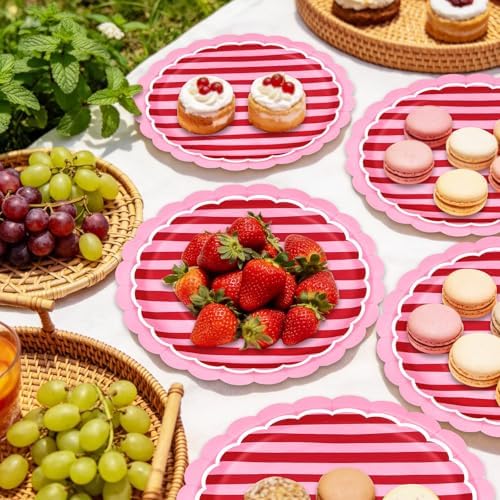 JarThenaAMCS 30Pcs Stripe Paper Plates 9 Inch Red Pink Scalloped Disposable Dinner Plate for Valentine's Day Wedding Summer Cherry Theme Party Table Decor