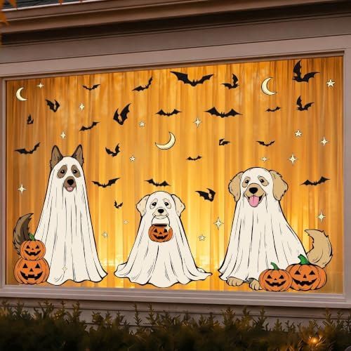 Halloween Window Clings, 3pcs Dog Ghost Funny Design Halloween Decorations Window Decals, Draped Fabric Ghost Puppy Static Cling Stickers for Glass Door Home Kids Room Office Classroom Decor