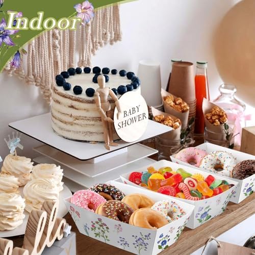 Funnymoom 100 Pcs Wildflower Paper Food Trays Floral Food Serving Trays 4.13 x 2.2 Inches Disposable Vintage Nacho Boat for Spring Birthday Flower Baby Shower Bridal Wedding Tea Party Supplies