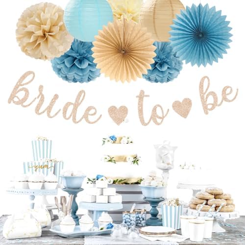 Light-Dusty Blue Beige-Champagne Bridal-Shower Party-Decorations - 31pcs Bride to Be Banner,Boho Neutral Bachelorette Paper Lanterns,Wedding Garland,Tissue Pom Poms Flower Fan Decor Supplies Burgleda