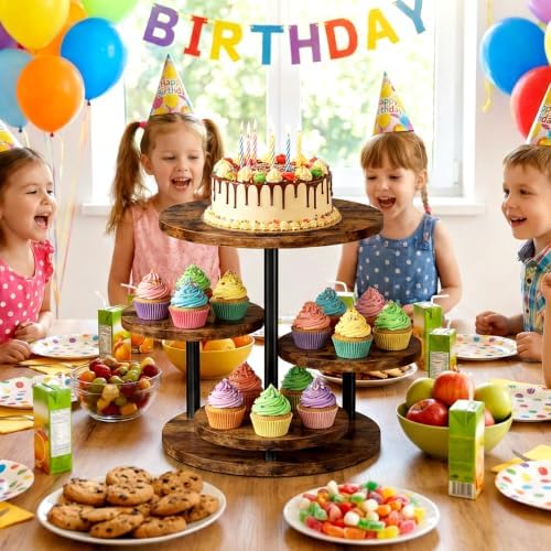 Cupcake Stand 4 Tier for 50 Cupcakes Wooden Cake Stand 360°Rotatable Dessert Stands Round Cookie Tiered Tray Stand for Party Birthday Wedding Baby shower Afternoon Tea Dessert Table, Brown
