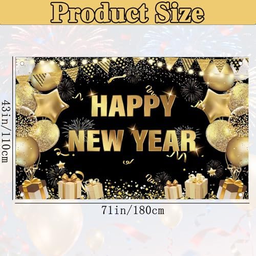 2026 Happy New Year Banner Backdrop Fabric Black Gold Design for Photo Booth Background New Years Eve Party Decorations 71 x 43 inch